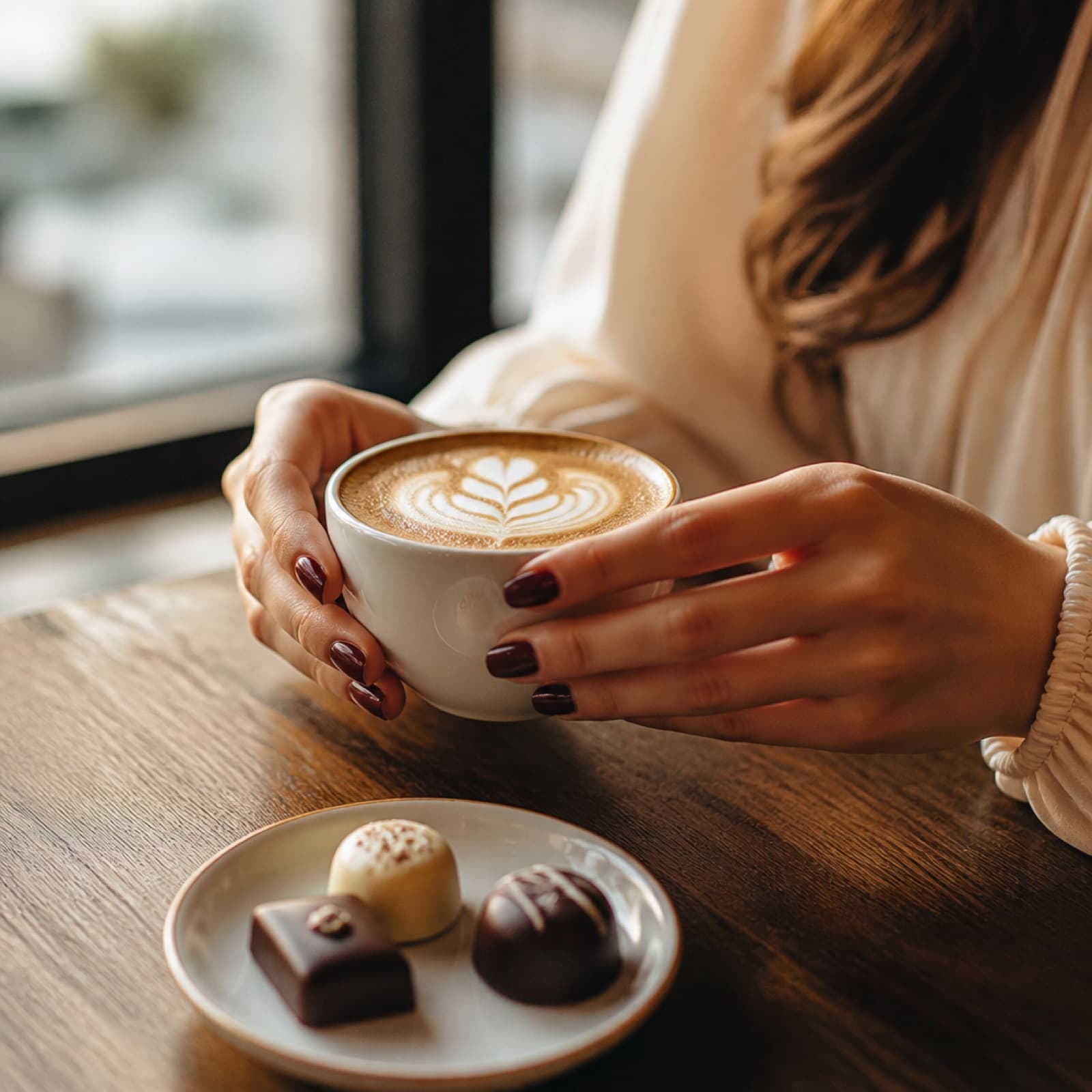 Cliente com cappuccino e pratinho de bombons na loja