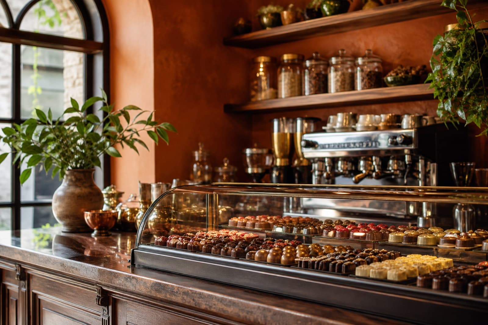 Interior da Lara Chocolab com vitrine de bombons artesanais